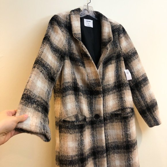 Old Navy Classic Wool Blend Black Cream Plaid V Neck Trench Coat Women's Medium - Picture 8 of 10